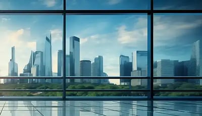 View standing inside a building and looking to a city skyline