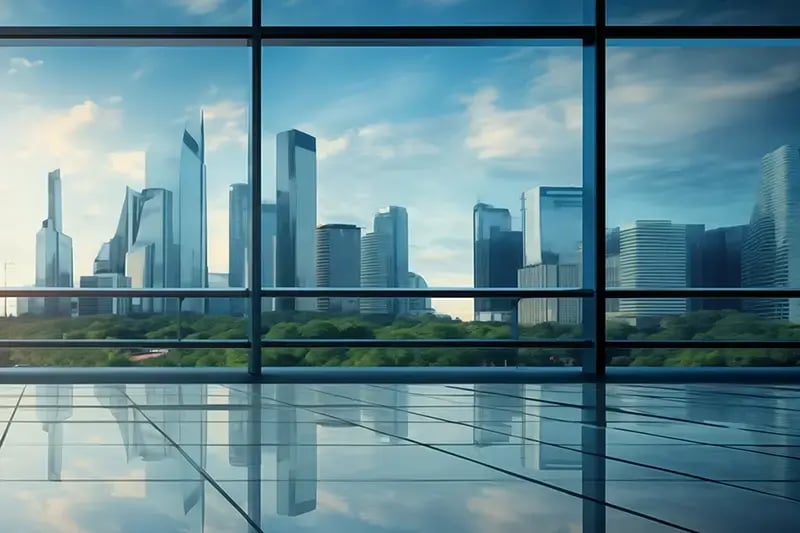 View standing inside a building and looking to a city skyline