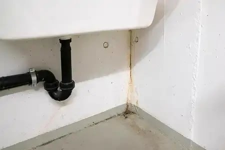 Visible water damage from an under-sink leak